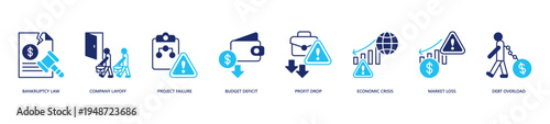 Business Failure Icon Set. Icon set includes Bankruptcy Law, Company Layoff, Project Failure, Budget Deficit, Profit Drop, Economic Crisis, Market Loss, Debt Overload.