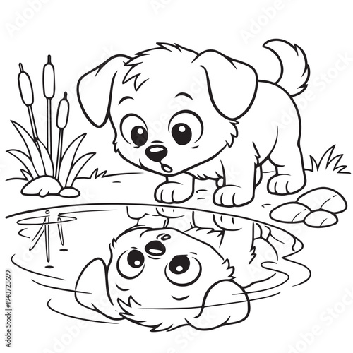 Cute vector illustration of a little puppy looking at its reflection in a small puddle, simple line art style designed as a fun coloring page for kids.