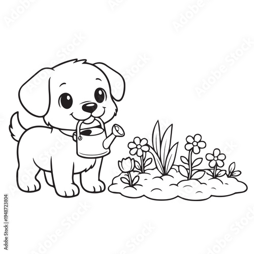 Cute vector illustration of a little puppy carrying a watering can in a garden, simple line art style designed as a fun coloring page for kids.