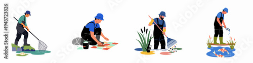 Set of illustrations showing workers performing garden pond maintenance such as cleaning debris, scrubbing tiles, and caring for koi fish.