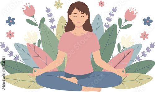 Woman meditating in nature illustration with flowers and leaves background representing yoga, mindfulness, relaxation, wellness and peaceful lifestyle concept