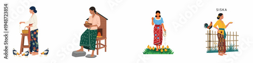 Set of traditional Southeast Asian women wearing Kebaya and Batik sarongs while performing various rural tasks like feeding chickens and poultry farming.