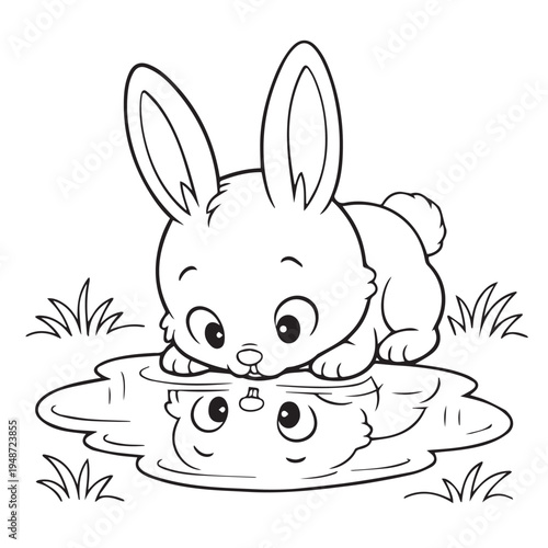 Adorable vector of a little bunny gazing at its reflection in a water puddle, clean outlines and simple shapes, perfect for children coloring activity.