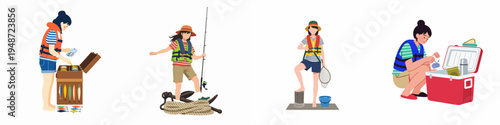 Set of illustrations featuring girls and women enjoying fishing activities, including preparing tackle boxes, holding fishing rods, and packing coolers for outdoor fun.