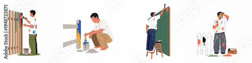 Set of illustrations featuring a man painting various wooden fences for home improvement and maintenance projects.