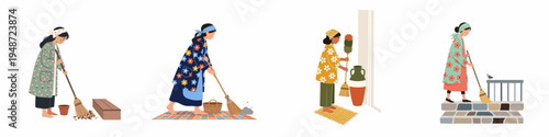 Set of four flat illustrations featuring women in colorful floral outfits and headscarves performing various household cleaning chores like sweeping and dusting.