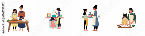 Vector illustration set of mothers and daughters cooking together, featuring scenes of chopping vegetables, boiling, washing greens, and kneading dough.