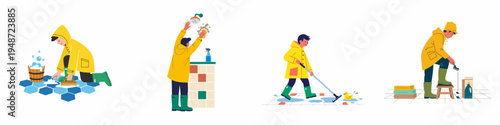 Vector illustration set of a person in yellow raincoat cleaning various tiled floors and walls with brushes, mops, and cleaning supplies.