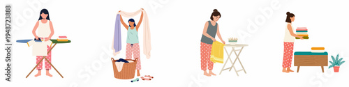 Set of flat vector illustrations depicting women performing various laundry tasks like ironing, folding, and sorting clothes at home.