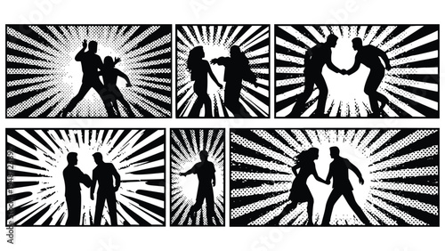 Silhouette illustrations of various people interactions in comic book style with burst effects