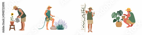 Set of illustrations featuring a male gardener watering and caring for various plants including sunflowers, lavender, monstera, and climbing ivy.