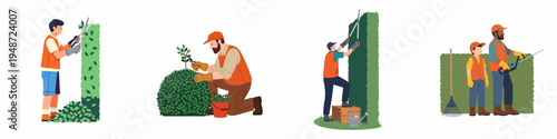 Professional gardeners and landscapers trimming hedges and bushes with various manual and power tools, showcasing outdoor yard work and garden maintenance services.