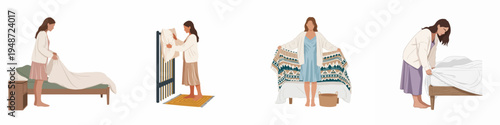Set of flat vector illustrations of women making the bed, fluffing pillows, and arranging blankets as part of their daily morning routine chores.