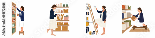 Flat vector illustrations of a woman organizing her kitchen pantry with various jars, boxes, and baskets on wooden shelves.