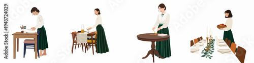 Collection of flat vector illustrations depicting a woman in vintage attire setting tables for dinner parties, holidays, and elegant gatherings.