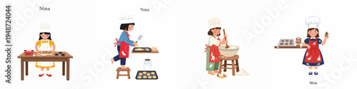 A set of four flat vector illustrations featuring a young girl named Nina baking cookies, rolling dough, mixing ingredients, and showing final treats.