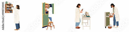 Set of flat vector illustrations featuring female pharmacists or lab technicians organizing medicine, pills, and medical supplies in a pharmacy or clinic.