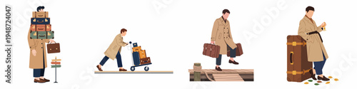 Set of illustrations depicting a man in a trench coat traveling with vintage suitcases and luggage across various transportation scenes.