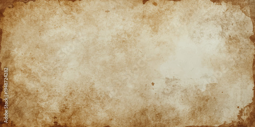 An aged loaf of bread rests on a wooden board atop a stained vintage table, set against a brown grunge parchment backdrop with a worn antique texture