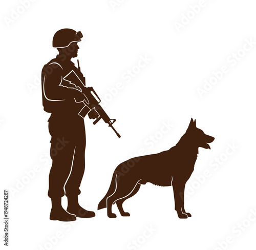 Soldier and dog standing side by side with rifle and helmet on white background