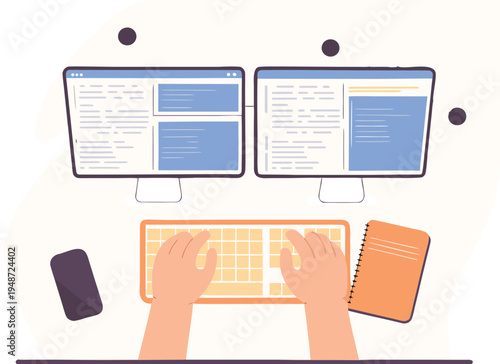 Developer Working on Dual Monitors, Coding at Desk with Keyboard, Phone, and Notebook - Top View