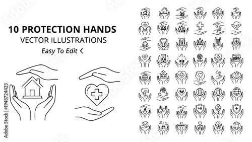 Protection hands vector illustrations for safety and care symbols
