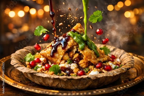 Vibrant Samosa Chaat With Chutney Drizzle At Street Stall