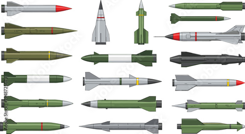 "Collection of twenty missile and rocket silhouettes in grid layout, diverse military defense designs, aerospace weapon symbols, strategic warfare illustration for com\industry visuals"