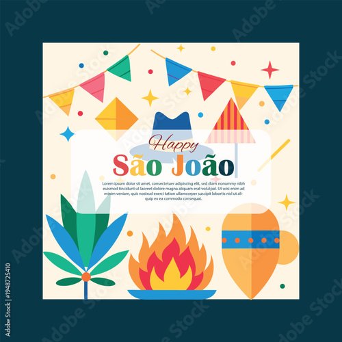 A colorful graphic celebrating sao joao with a fire and flags