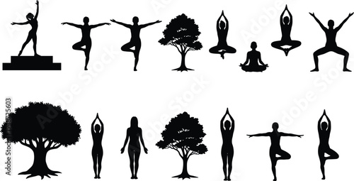 Large collection of black yoga silhouettes featuring tree poses, meditation, stretching, and nature elements isolated on white background for wellness design.
