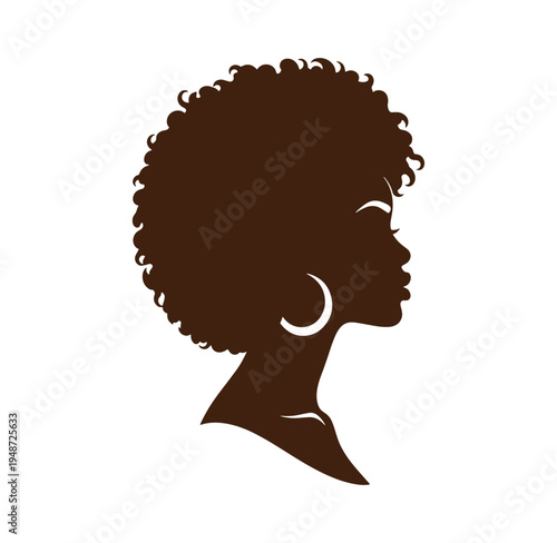 African American woman with short curly hair and hoop earrings profile view