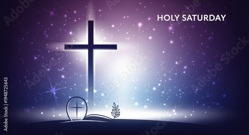 Holy saturday easter vigil cross with glowing light starry night sky empty tomb christian faith resurrection hope