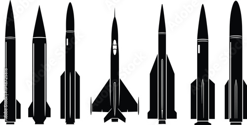 "Set of seven silhouettes featuring rockets, missiles, and jet aircraft, aerospace vehicle icons, military defense illustration for technology, combat, security, and strategic warfare visuals"