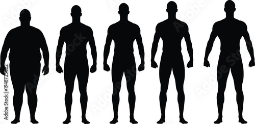 Silhouette sequence of male body types from obese to muscular, black and white vector illustration symbolizing fitness, health, transformation, and physical progression concepts