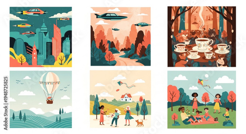 Vibrant illustrations of leisure activities and fantasy landscapes in various scenes