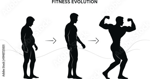 Silhouette sequence of male fitness evolution from overweight to muscular, black and white vector illustration symbolizing health, exercise, transformation, and physical improvement concepts