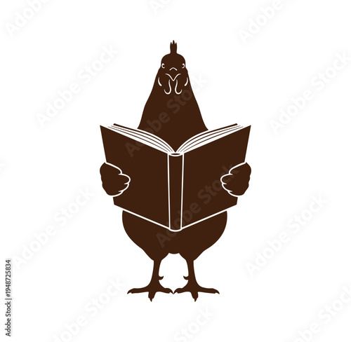 Brown chicken holding and reading an open book standing on white background