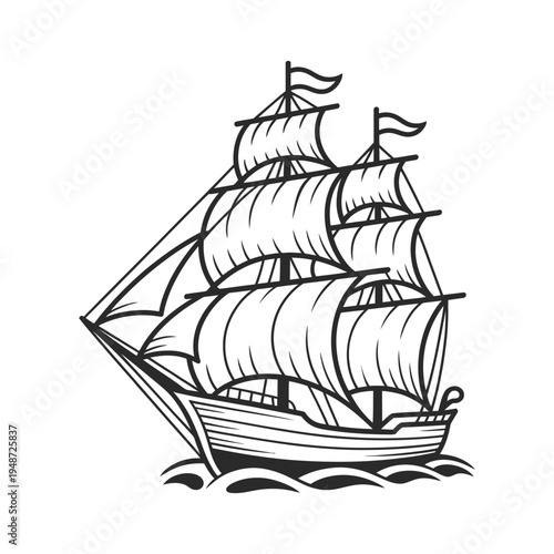 Vintage sailing ship nautical line art vector illustration, ai generated