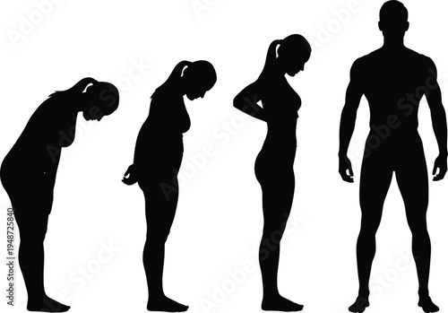 Silhouette sequence of male fitness transformation from overweight to muscular, black and white vector illustration symbolizing health, exercise, progress, and physical improvement concepts