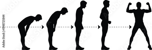 Silhouette sequence of person evolving from hunched to victorious stance, black and white vector illustration symbolizing recovery, empowerment, achievement, and personal growth concepts