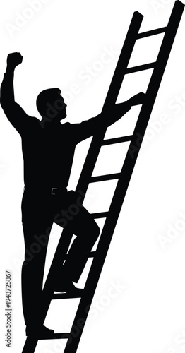 Silhouette of person climbing ladder with raised fist, black and white vector illustration symbolizing ambition, determination, achievement, and pursuit of success concepts