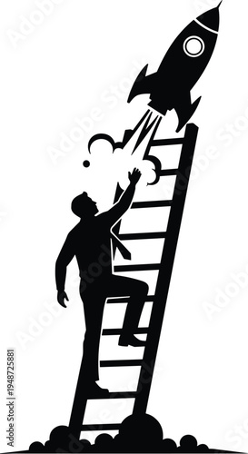 Silhouette of person climbing ladder toward rocket launch, black and white vector illustration symbolizing ambition, aspiration, success, and pursuit of goals concepts