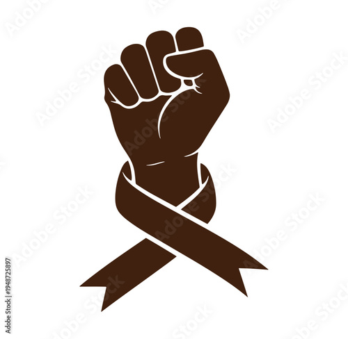 Brown fist with ribbon symbolizing awareness and solidarity one hand