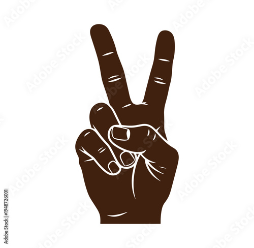 Brown hand making peace sign gesture with two fingers up  symbol of harmony and friendship
