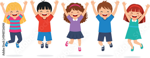 Diverse group of happy cartoon children jumping with joy and raised hands, representing friendship, education, celebration, childhood energy, and success.