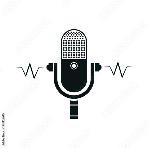 Minimal vintage  podcast microphone icon with sound wave vector