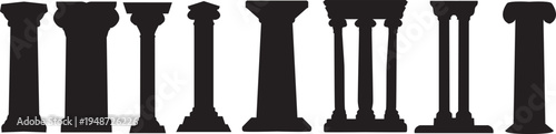 Collection of silhouettes of ancient Greek pillars isolated on white transparent background.