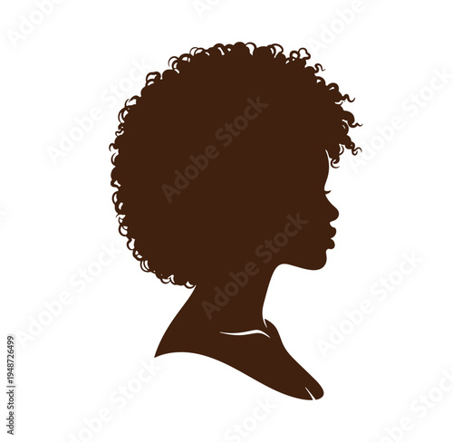 Brown silhouette of a woman with curly hair looking to the right side