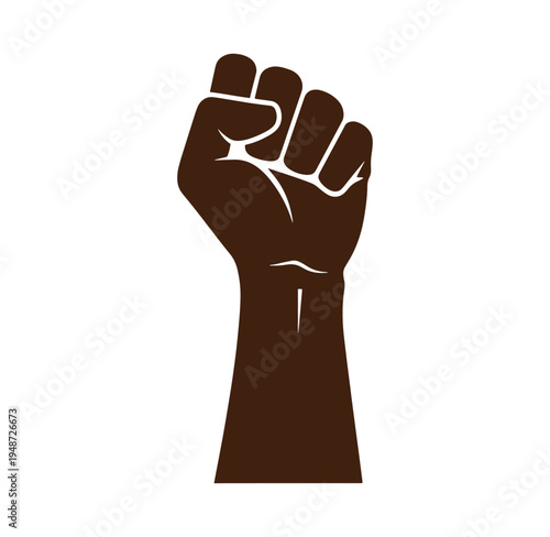 Raised brown fist with clenched hand and forearm visible  symbol of solidarity and protest