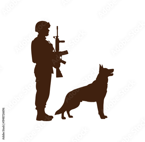 Silhouette of a soldier standing with a German Shepherd dog and holding a rifle